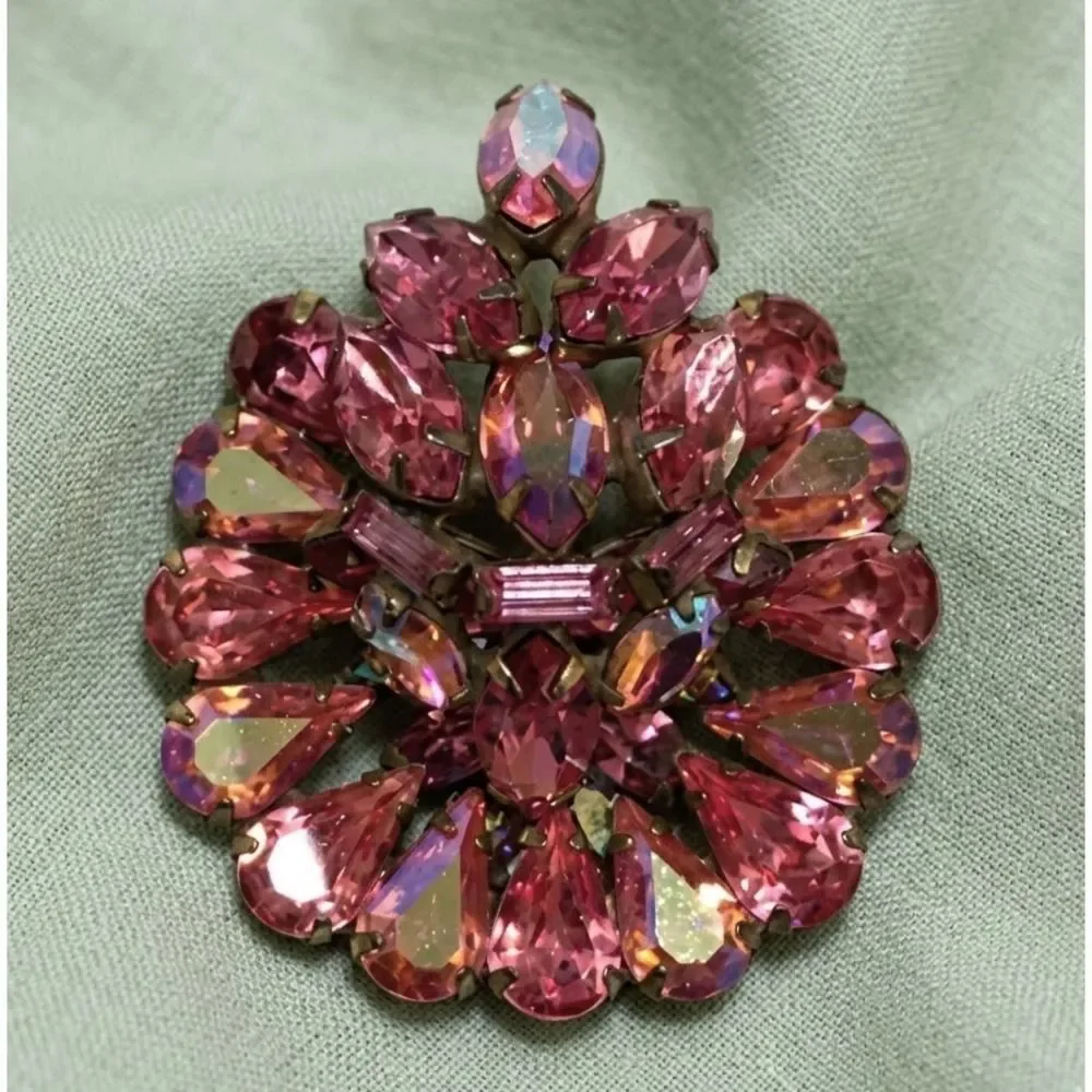 Vintage Pink Rhinestone Brooch Aurora Borealis Stones